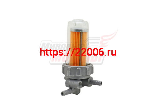 Кран топливный с пластиковым стаканом (с креплением на картер, штуцеры сбоку) R180