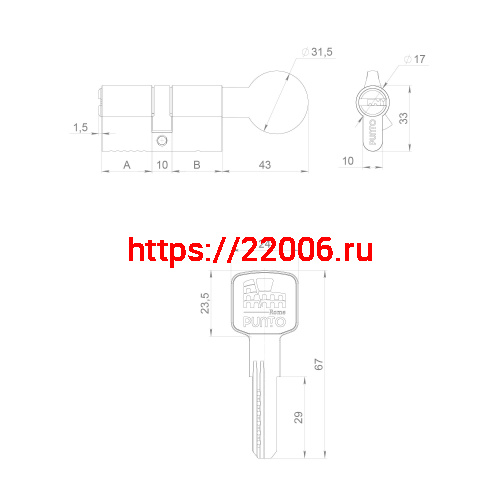 Цилиндровый Punto (Пунто) механизм Z3002Knob110(50+10+50) с вертушкой CP хром фото 3